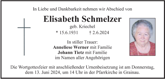 Traueranzeige von Elisabeth Schmelzer von merkurtz