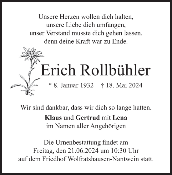 Traueranzeige von Erich Rollbühler von merkurtz