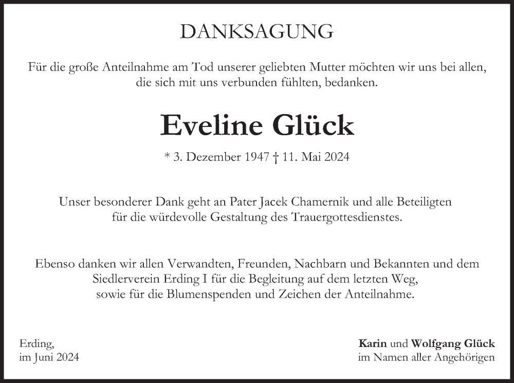 Traueranzeige für Eveline Glück vom 15.06.2024 aus merkurtz