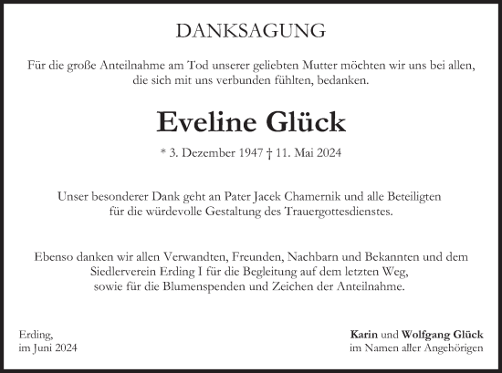 Traueranzeige von Eveline Glück von merkurtz