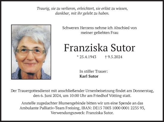 Traueranzeige von Franziska Sutor von merkurtz