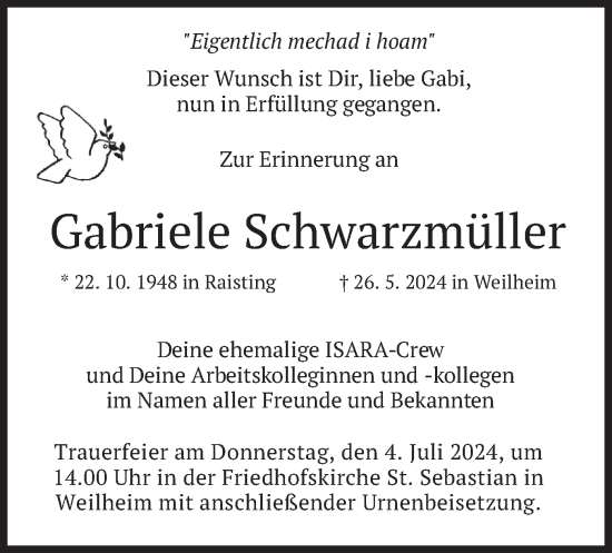 Traueranzeige von Gabriele Schwarzmüller von merkurtz