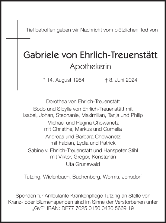 Traueranzeige von Gabriele von Ehrlich-Treuenstätt von merkurtz