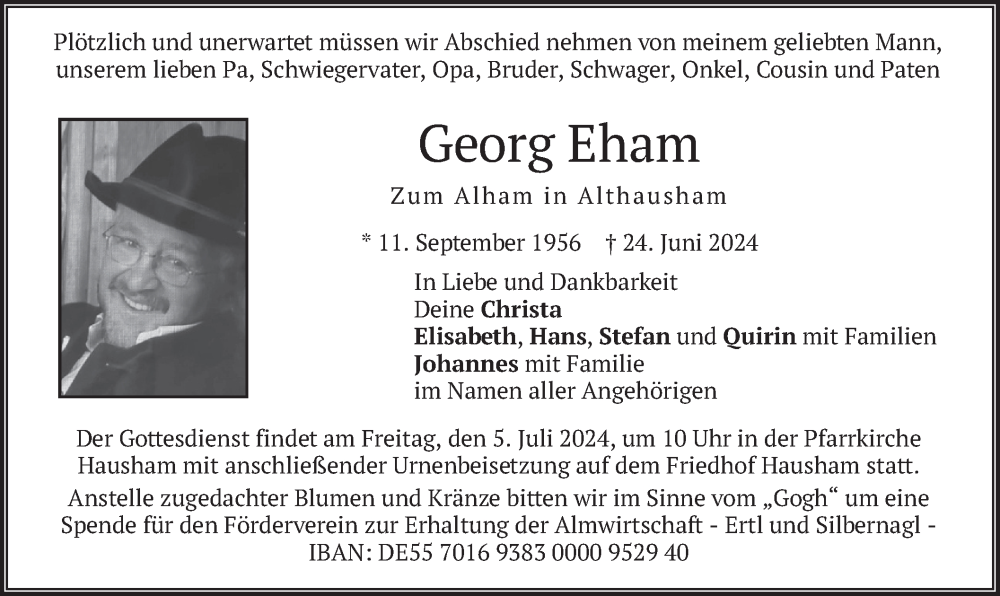  Traueranzeige für Georg Eham vom 29.06.2024 aus merkurtz