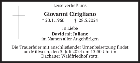 Traueranzeige von Giovanni Cirigliano von merkurtz