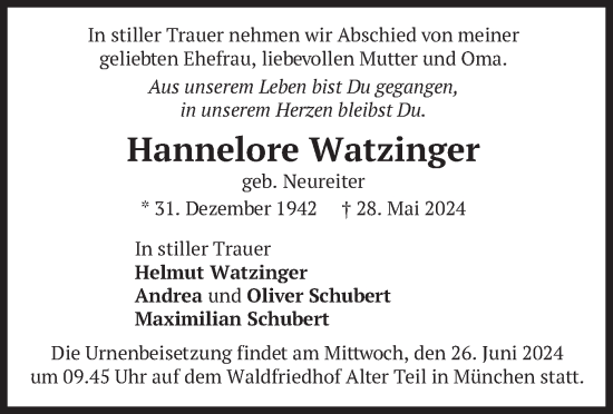 Traueranzeige von Hannelore Watzinger von merkurtz