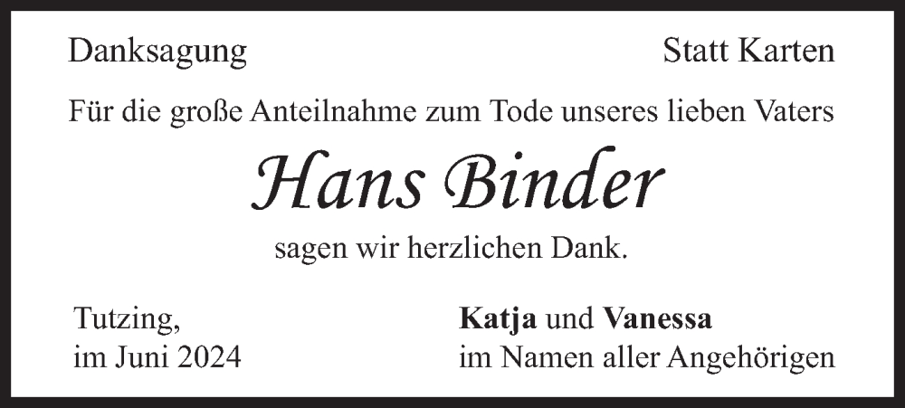  Traueranzeige für Hans Binder vom 22.06.2024 aus merkurtz