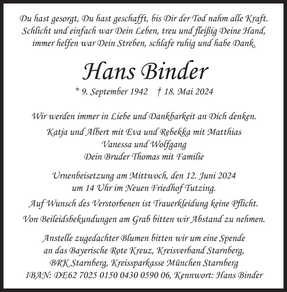  Traueranzeige für Hans Binder vom 08.06.2024 aus merkurtz
