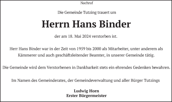 Traueranzeige von Hans Binder von merkurtz