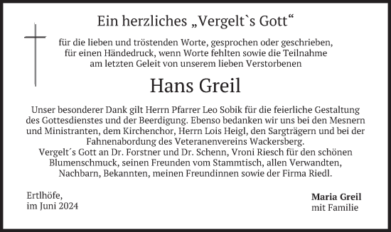 Traueranzeige von Hans Greil von merkurtz