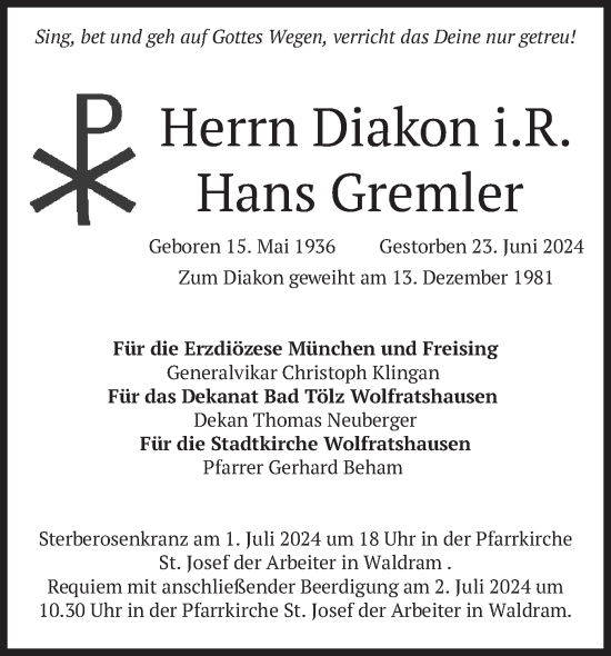 Traueranzeige von Hans Gremler von merkurtz