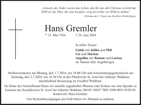 Traueranzeige von Hans Gremler von merkurtz