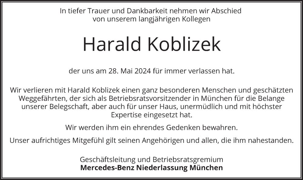  Traueranzeige für Harald Koblizek vom 06.06.2024 aus merkurtz