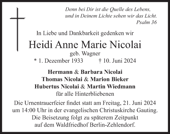 Traueranzeige von Heidi Anne Marie Nicolai von merkurtz