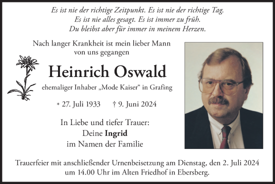 Traueranzeige von Heinrich Oswald von merkurtz