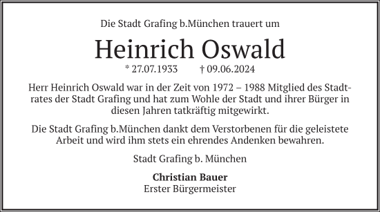 Traueranzeige von Heinrich Oswald von merkurtz