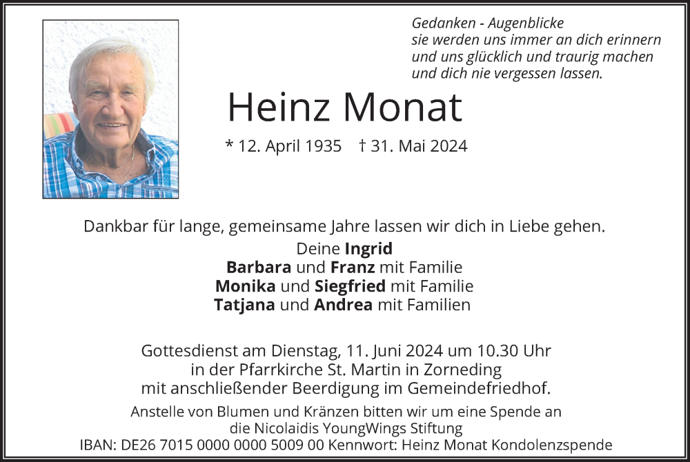  Traueranzeige für Heinz Monat vom 07.06.2024 aus merkurtz