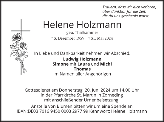 Traueranzeige von Helene Holzmann von merkurtz