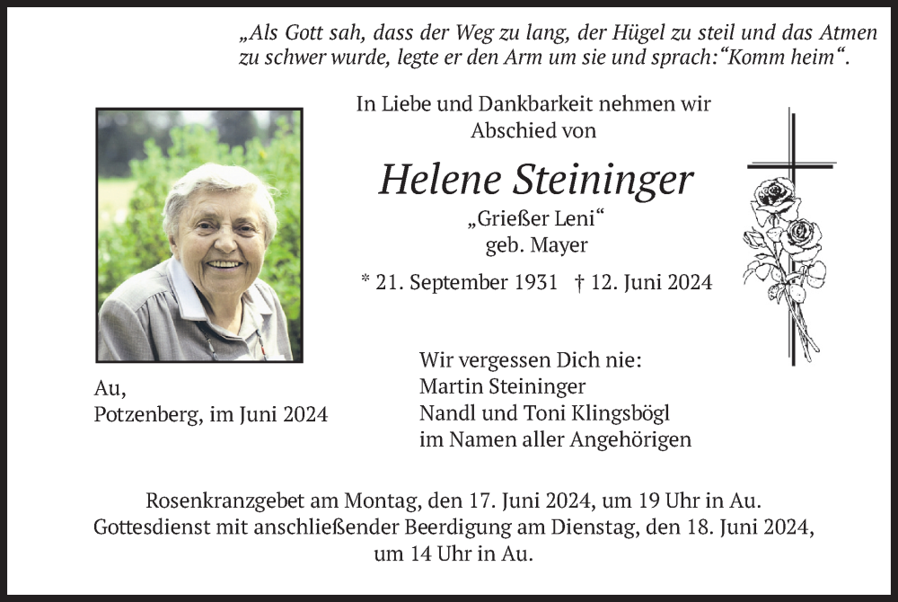 Traueranzeige für Helene Steininger vom 15.06.2024 aus merkurtz