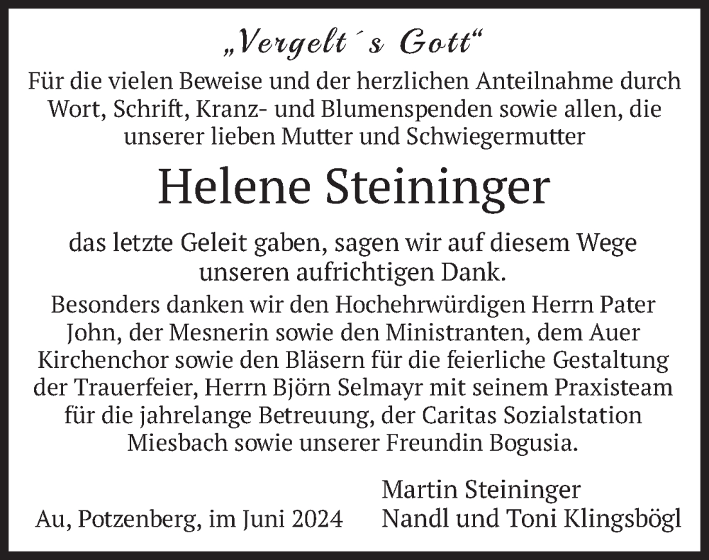  Traueranzeige für Helene Steininger vom 29.06.2024 aus merkurtz