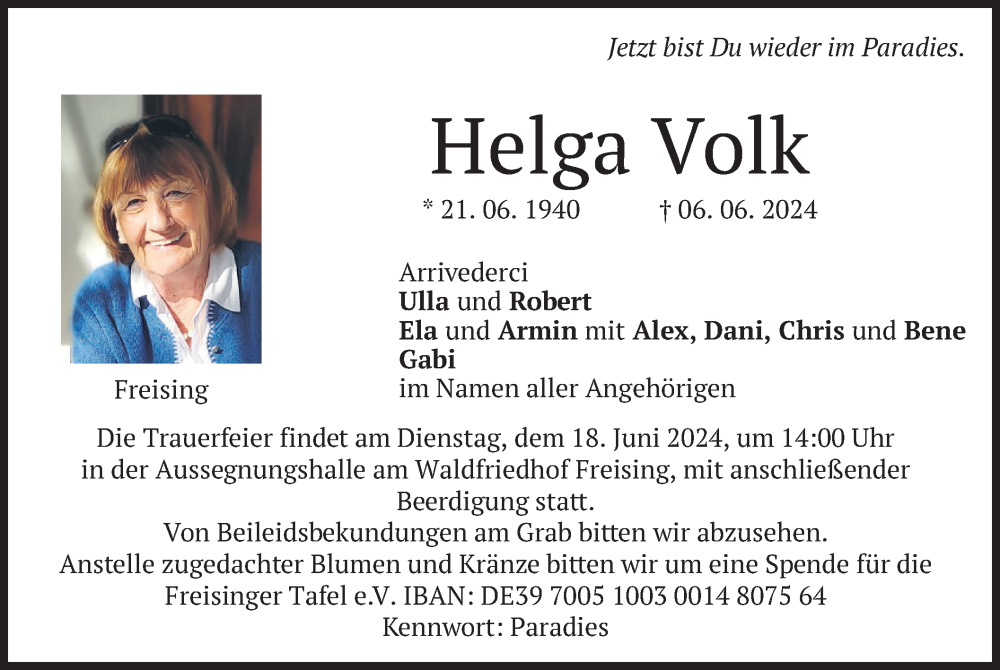  Traueranzeige für Helga Volk vom 15.06.2024 aus merkurtz