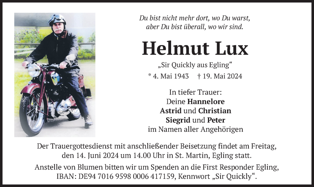  Traueranzeige für Helmut Lux vom 08.06.2024 aus merkurtz