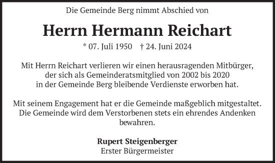 Traueranzeige von Hermann Reichart von merkurtz