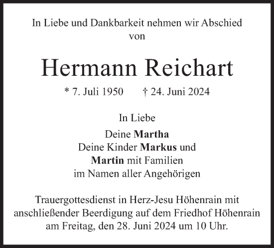 Traueranzeige von Hermann Reichart von merkurtz