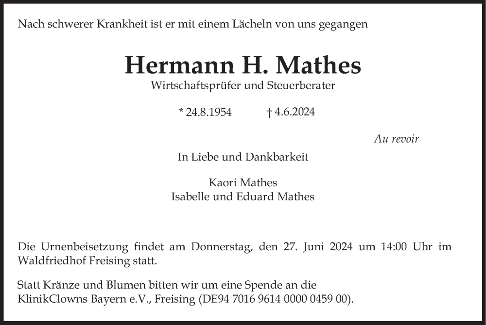  Traueranzeige für Hermann H. Mathes vom 19.06.2024 aus merkurtz