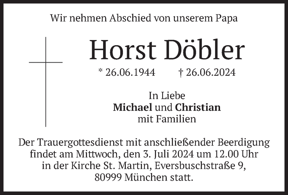  Traueranzeige für Horst Döbler vom 29.06.2024 aus merkurtz