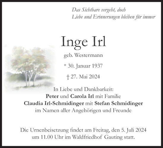 Traueranzeige von Inge Irl von merkurtz