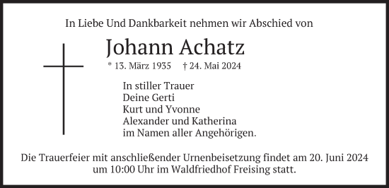 Traueranzeige von Johann Achatz von merkurtz