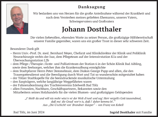 Traueranzeige von Johann Dostthaler von merkurtz