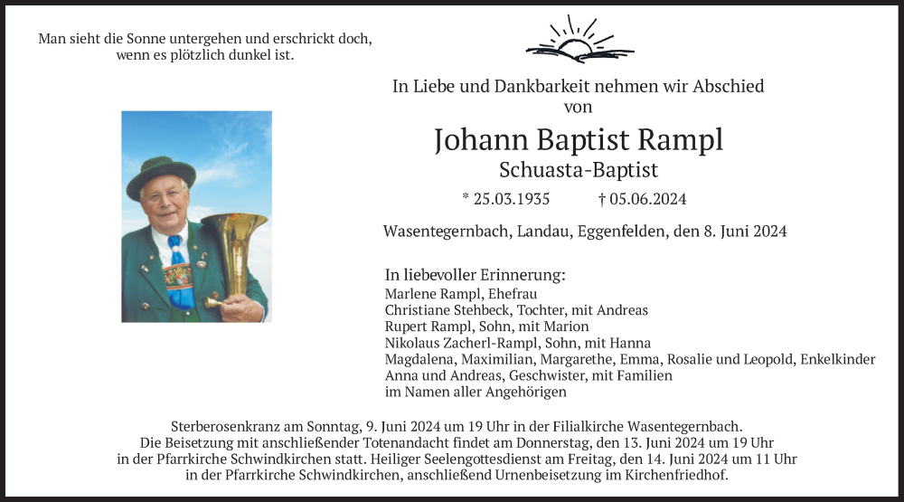  Traueranzeige für Johann  Rampl vom 08.06.2024 aus merkurtz