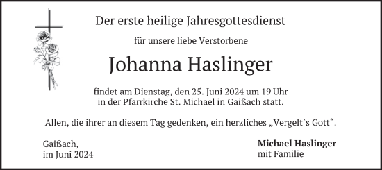 Traueranzeige von Johanna Haslinger von merkurtz