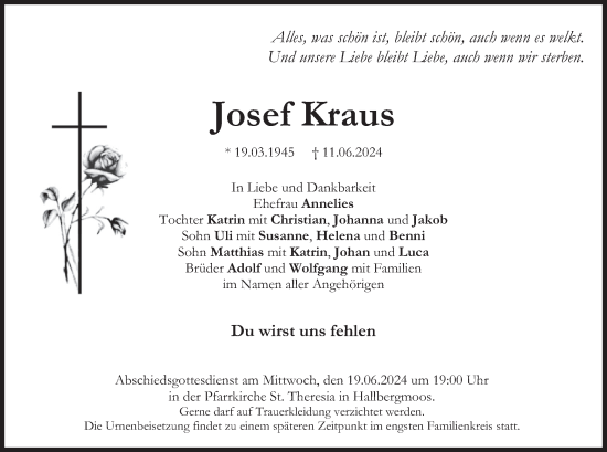 Traueranzeige von Josef Kraus von merkurtz