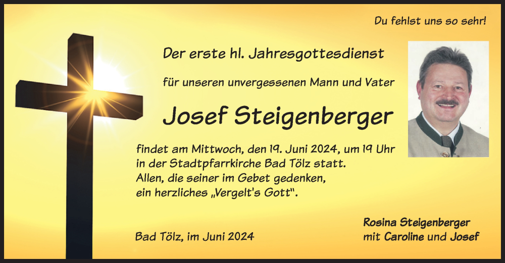  Traueranzeige für Josef Steigenberger vom 15.06.2024 aus merkurtz
