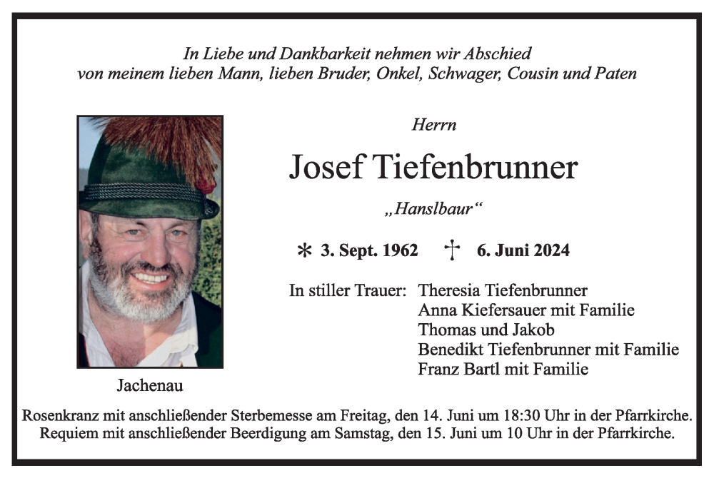  Traueranzeige für Josef Tiefenbrunner vom 14.06.2024 aus merkurtz