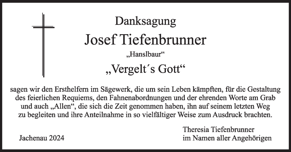  Traueranzeige für Josef Tiefenbrunner vom 22.06.2024 aus merkurtz
