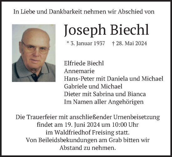 Traueranzeige von Joseph Biechl von merkurtz