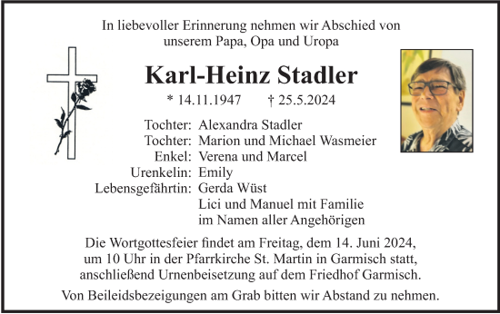 Traueranzeige von Karl-Heinz Stadler von merkurtz