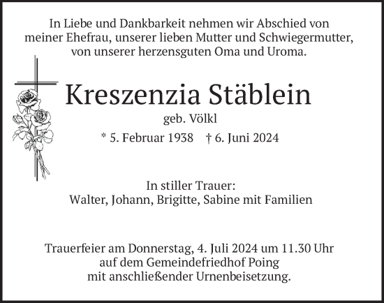 Traueranzeige von Kreszenzia Stäblein von merkurtz