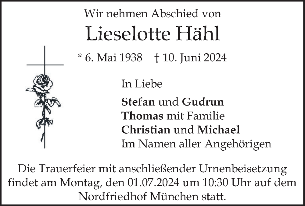  Traueranzeige für Lieselotte Hähl vom 22.06.2024 aus merkurtz