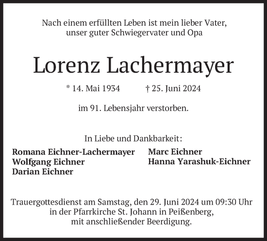 Traueranzeige von Lorenz Lachermayer von merkurtz