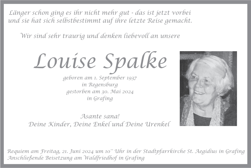  Traueranzeige für Louise Spalke vom 15.06.2024 aus merkurtz
