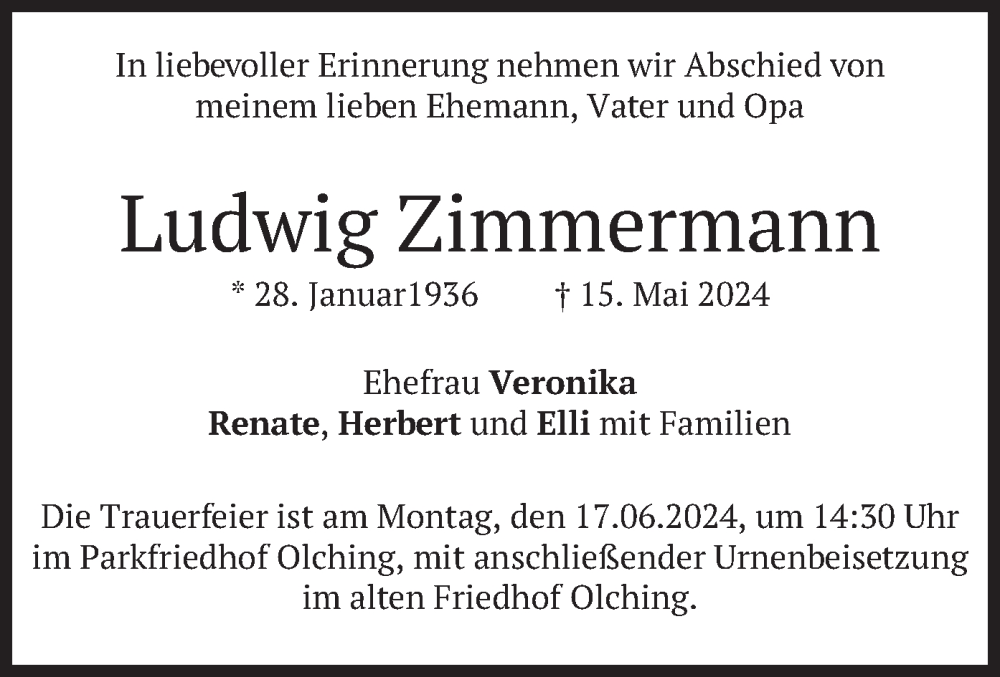  Traueranzeige für Ludwig Zimmermann vom 08.06.2024 aus merkurtz