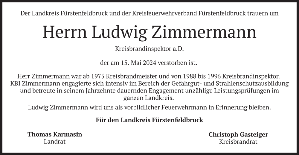  Traueranzeige für Ludwig Zimmermann vom 08.06.2024 aus merkurtz