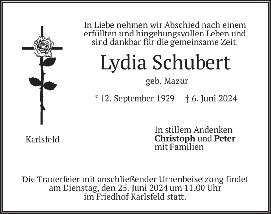 Traueranzeige von Lydia Schubert von merkurtz