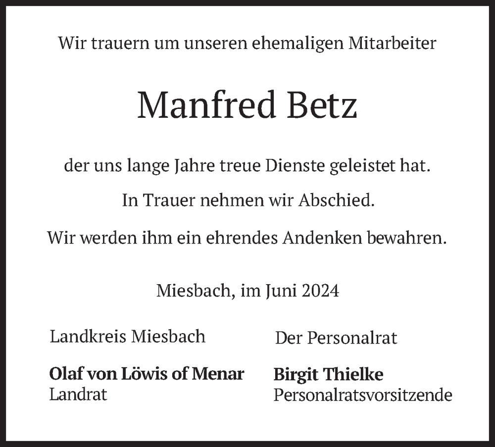  Traueranzeige für Manfred Betz vom 29.06.2024 aus merkurtz