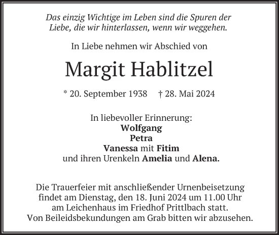 Traueranzeige von Margit Hablitzel von merkurtz